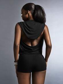 Amplova Women's 3-In-1 Jumpsuit With Deep Draped Neck, Backless Design, Hooded Shawl Collar, Hooded Shawl Collar + Draped Neck Front, Backless V-Cut Design - Black - View 5