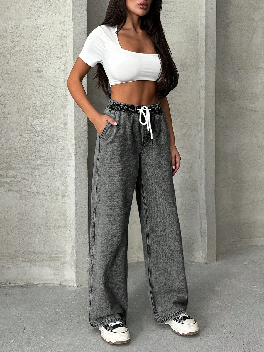 EURMUSE WOMEN Elastic Waist & Belted Cargo Denim JEANS MID WAIST - Light Grey - View 1