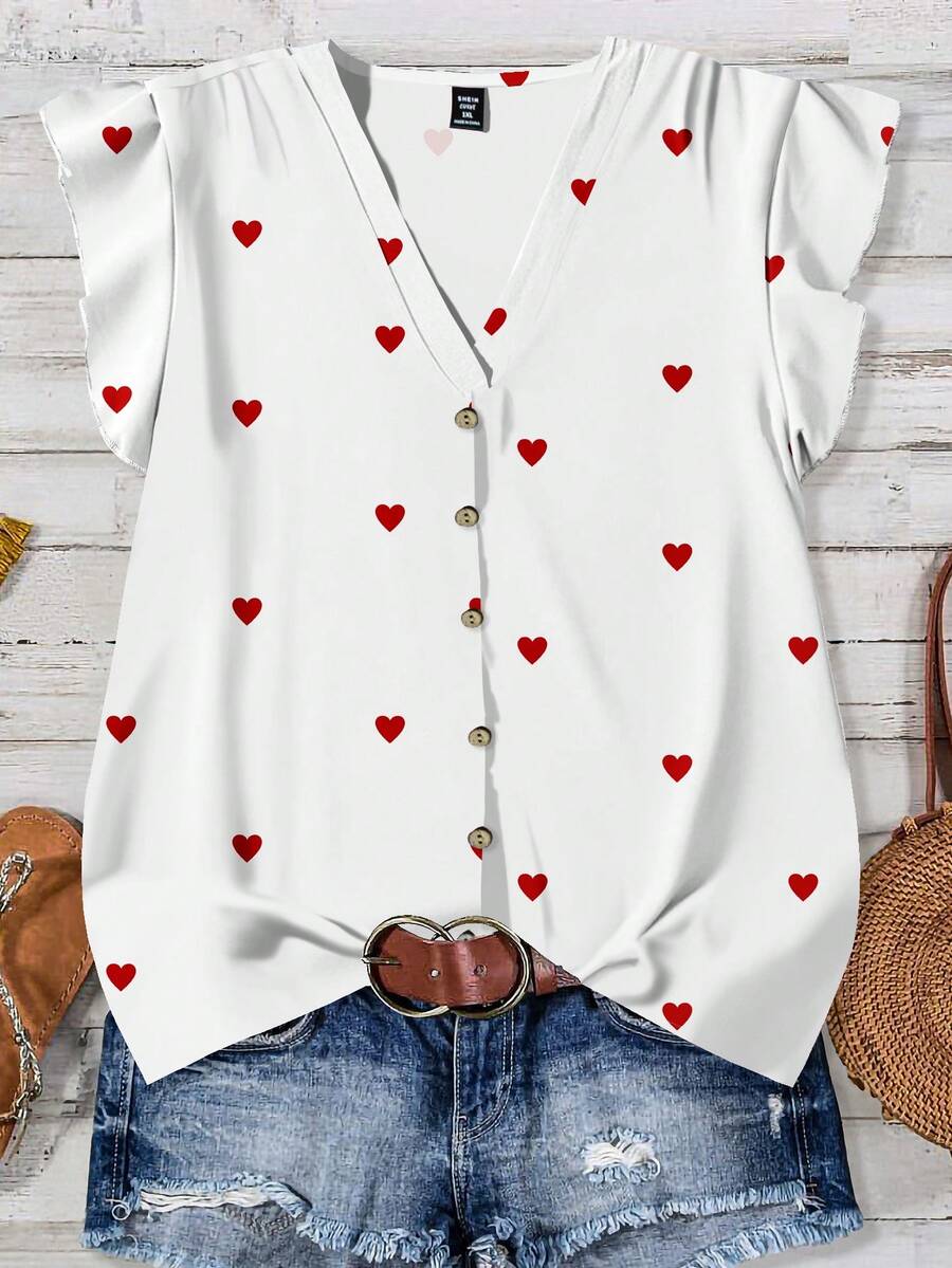 EMERY ROSE Áo sơ mi nữ in hình trái tim, kiểu dáng thường ngày, thích hợp cho mùa hè, ngày Valentine, quà tặng Valentine cho nữ, ngày lễ tình nhân. - Nhiều màu - Xem 1