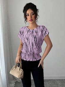 Elenzga Áo thun nữ cổ tròn in họa tiết, eo chun, kiểu dáng đơn giản, tay raglan, thích hợp cho mùa xuân/hè/thu/đông, trang phục dự tiệc, thanh lịch, dạ hội, phù hợp cho mặc hàng ngày, đi làm, mùa cưới/lễ hội âm nhạc. - Màu tím hoa cà - Xem 6