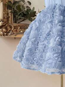 Lovelzi Elegant Blue Satin Strapless Mermaid Dress With 3D Floral Decor,Ruffle Hem,Suitable For Wedding,Cocktail Party,Graduation,Vacation,Afternoon Tea,Gala - Baby Blue - View 4