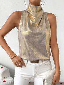 SHEIN LUNE Blusa sin mangas de cuello alto metálica para mujer - Dorado - Ver 7