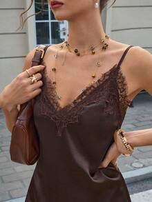 SuriyaCove Women's Spring/Summer New French Romantic Lace Patchwork Ruffle Asymmetric Strap Short Dress - Brown - View 3