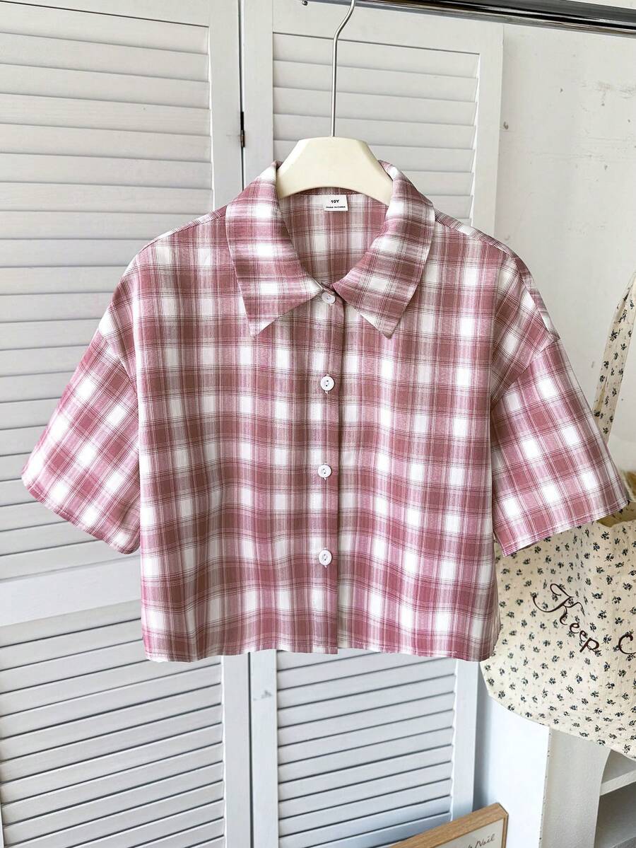 SHEIN Áo sơ mi ngắn tay kẻ caro cổ điển thường ngày dành cho bé gái tuổi teen - Đỏ - Xem 1