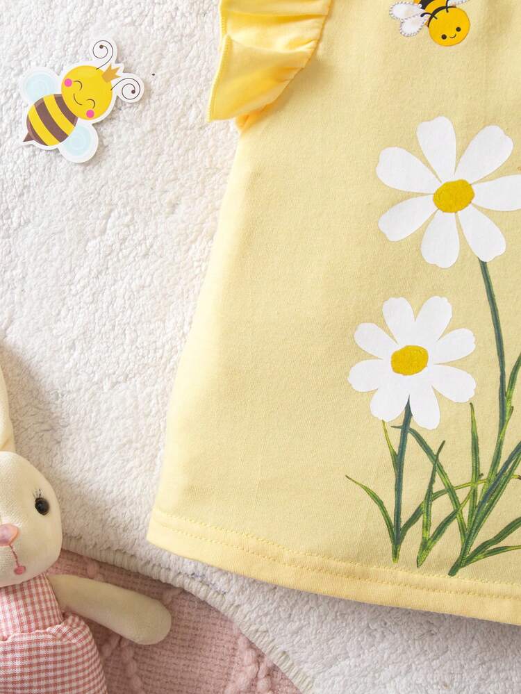 Babygirl Cute Floral Print Cap Sleeve Casual Top, Summer - Yellow - View 7