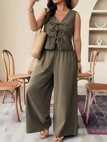 Weeklong Conjunto de 2 piezas de talla grande de unicolor, con cordones, sin mangas, casual, con diseño hueco, cómodo y versátil para el verano - Verde militar - Ver 7