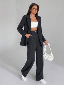 EURMUSE Women Solid Color Two Pieces Outfits Sets Blazer Jacket And Pants - Grey - View 4