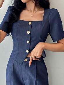 DAZY Women's Casual Washed Square Collar Puff Sleeve Shirt And Wide Leg Jeans Set, Summer - Medium Wash - View 3