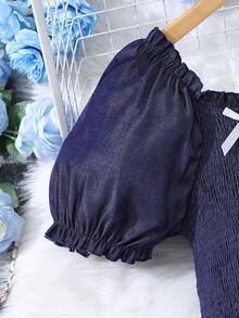 SHEIN 少女纯色泡泡袖蝴蝶结休闲夏日连衣裙 - 藏蓝色 - 查看 5