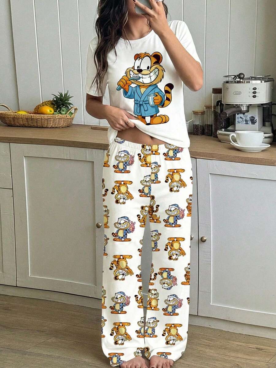 2件套女童卡通老虎可爱印花短袖上衣和配套老虎印花休闲舒适睡裤套装 - 黑色 - 查看 1