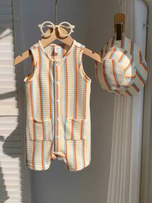 SHEIN 2件套新生儿男女宝宝休闲可爱条纹华夫格无袖连体衣和遮阳帽套装，春夏款 - 杏色 - 查看 5