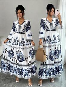 SHEIN Elenzya 女士印花喇叭袖收腰A字连衣裙，优雅百搭，适合度假、通勤、情人节、约会，展现法式街头风情，复古百搭，蓝白花卉植物印花，早春/春夏长袖中长连衣裙 - 彩色 - 查看 1