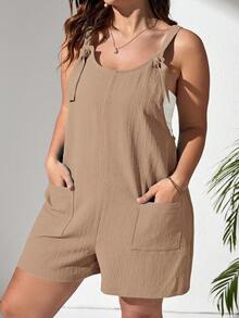 SHEIN VCAY 大码女式纯色休闲连体裤，带口袋 - 棕色 - 查看 1