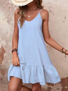 SHEIN VCAY Women's Casual Ruffled Hem Sleeveless Dress - Baby Blue - View 5