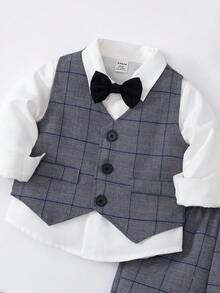 Bộ 2 món áo vest kẻ caro và quần cạp chun cho bé trai, thích hợp cho tiệc sinh nhật, lễ rửa tội, lễ kỷ niệm sinh nhật lần thứ nhất, tiệc chiêu đãi, biểu diễn, đám cưới, lễ báp têm và các dịp khác. - Xám - Xem 7