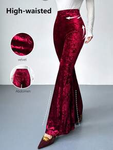 Firerie 女士新款优雅休闲通勤时尚百搭高腰修身天鹅绒喇叭裤，酒红色，适合秋冬季、机场、教师、办公室、舒适秋季、圣诞节、新年等场合。 - 酒紅色 - 查看 1