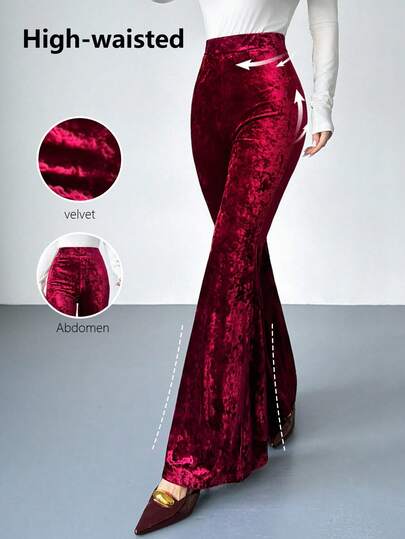 Firerie 女士新款优雅休闲通勤时尚百搭高腰修身天鹅绒喇叭裤，酒红色，适合秋冬季、机场、教师、办公室、舒适秋季、圣诞节、新年等场合。