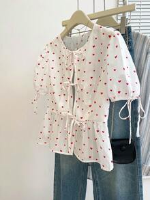 Resyla Women's Spring/Summer New French Romantic Bow Tie Heart Print Open Front Puff Sleeve Blouse - White - View 7