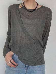 FRIFUL Women's Loose Fit Crew Neck Criss-Cross Wrap Long Sleeve Semi-Sheer T-Shirt, Suitable From Spring To Summer - Black - View 2