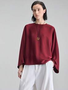 Ontre 夏季新款复古红色圆领插肩袖蝙蝠袖宽松上衣，修身百搭，适合夏季穿着 - 中紫紅色 - 查看 4
