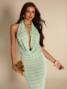SHEIN BAE Elegant Striped Pattern Halter Neck Draped Sweater Dress,New Arrivals In 2026, Beach Vacation Style.Vacation Outfits Women ,Summer Holiday Outfits,Elegant Dress Women ,Holiday ,Vacation .A Green Striped Knit Dress With A Halter Neckline, Perfect For Beach Vacations, Dates, Casual Wear, And Holidays. This Elegant And Sexy Green Striped Dress Is An Ideal Choice For Beach Vacations, Seaside Trips, And Beach Dates. - Multicolor - View 8