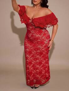 SHEIN BAE Đầm trễ vai màu đỏ xếp nếp thanh lịch gợi cảm dành cho nữ cỡ lớn, đầm đi biển nghỉ mát. - Đỏ - Xem 6