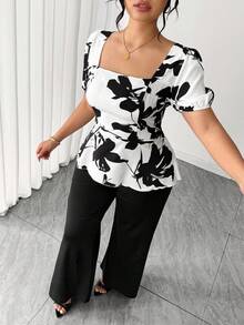 Elenzga Fashionable Casual French Retro Elegant Commuter Generous Collar Print 2 Pieces Set - Black and White - View 7