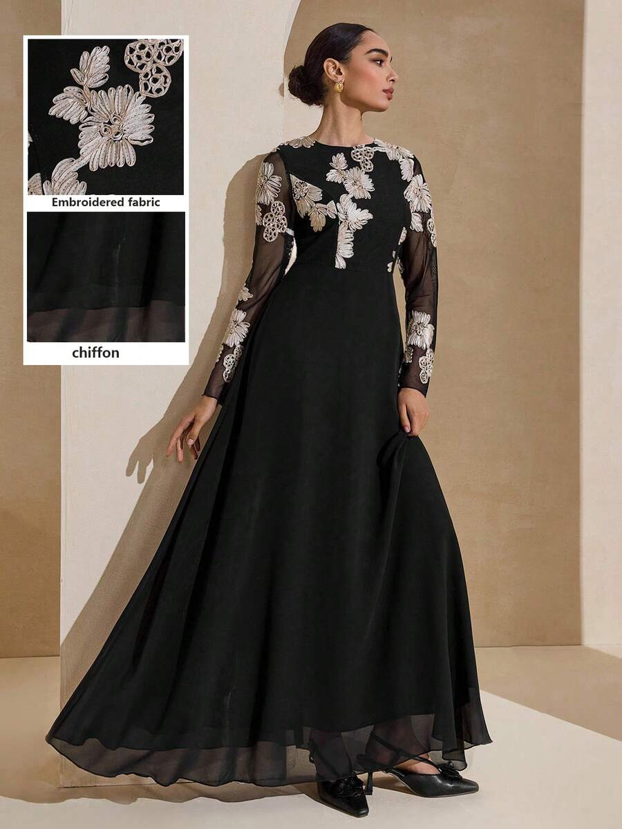 Graceveil 黑色圆领刺绣网纱长袖收腰连衣裙（女款） - 黑色 - 查看 1