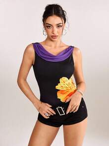 plantica Casual Sexy Urban Chic Floral Contrast Color Print Draped Neck Camisole Top, Suitable For Outings, Travel, Dates, Parties, Holidays, Valentine's Day, Spring/Summer,Going Out,Sexy, Elegant,, Wedding Guest, Music Festival, Musician, Night Club - Multicolor - View 4
