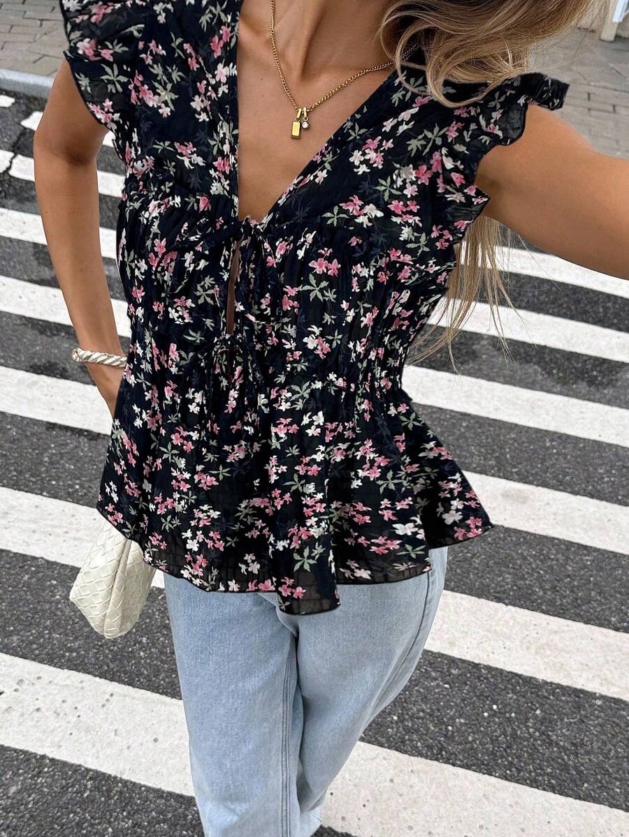 Serisse 女士碎花系带休闲衬衫，喇叭袖 - 粉色 - 查看 1