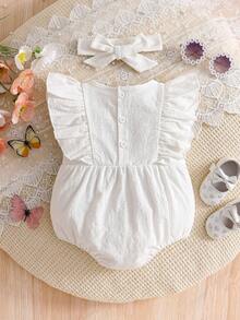 女婴短袖刺绣连体衣，带发带，女婴服装 - 白色 - 查看 2