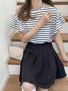 FRIFUL Áo thun nữ dáng suông kẻ sọc, viền bèo, thích hợp cho mùa hè. - màu đen - Xem 5