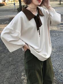 FRIFUL Women's Apricot Patchwork Contrast Color Drawstring Bow Textured Loose Casual Versatile T-Shirt - Apricot - View 2