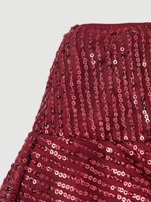 SHEIN MOD Women's Sequin Low Waist Solid Color Double Ruffle Hem Fashionable Mini Skirt - Burgundy - View 4