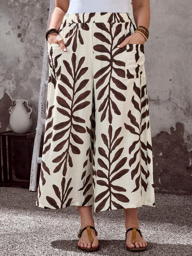 Plus Size Women's Summer Casual Vacation Country Plant Print Floral Print Pocket Wide Leg Loose Capri Pants/Summer,Summer Holiday,Spring Break, Vacation Women, Holiday For Women,Going Out,2026 New,Simple And Fashionable For Everyday Wear,Suitable For Summer, Vacation, Commute, Daily Wear, Wide Leg Summer Pants, Women Wide Leg Pants, Boho Pants For Women, Pants Women,Beach For Women