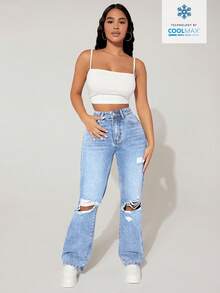 SHEIN PETITE Women's High Waist Pocketed Distressed Wide Leg Loose Casual Denim Jeans - Blue - View 3