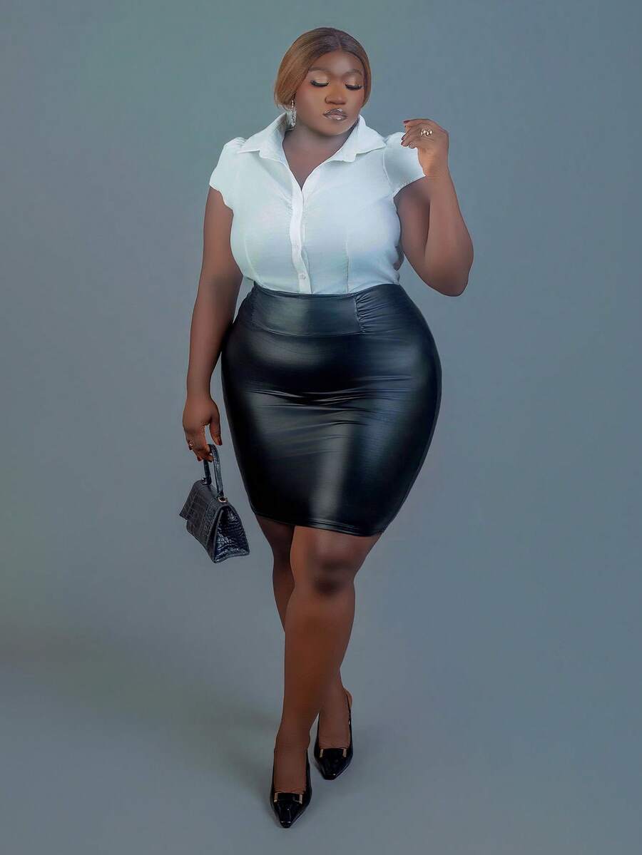 CurvyTilda Plus Size Elegant Knowledgeable Commuter High Street Personalized Party INS Style Party College PU High Waist Ruched Design Bodycon Knee-Length Skirt, For Hourglass Body Shape, For Body Shape, For Summer - Black - View 1