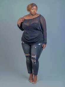 CurvyTilda 大码女式透明网眼宽松休闲衬衫 - 黑色 - 查看 3