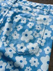 ROMWE MEN Street Life Quần short denim nam in họa tiết hoa, kiểu dáng thường ngày. - Màu xanh lam - Xem 5