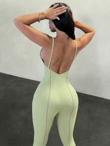 Slaydiva 早春新款，春夏音乐节，情人节，复活节休闲风，简约基础款，Y2K街头甜美风，网红热销款，日常约会，辣妹风，性感运动风，吊带，U领，镂空，修身长裤，撞色哈苏线装饰，V领，大露背，浅绿色长裤，女士紧身连体裤 -A - 橄欖綠 - 查看 3