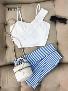 GlowEve Petite 女士撞色单肩上衣和蓝白短裤两件套，休闲度假装，春夏款 - 彩色 - 查看 1