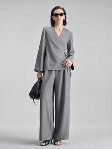 Ontre 2026 Spring/Summer New Casual/Work Solid Color Tie-Wrap Design Blazer - Grey - View 2