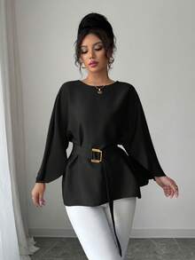 Selianne 女式法式圆领飘袖系带腰部亮面衬衫，春夏 - 黑色 - 查看 3