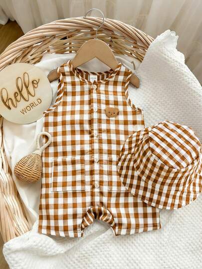 SHEIN LMoss Kids Set de 2 piezas con sombrero para bebé niño o niña: Pelele sin mangas a rayas de color albaricoque y sombrero de cubo versátil, adecuado para vacaciones y viajes de primavera/verano