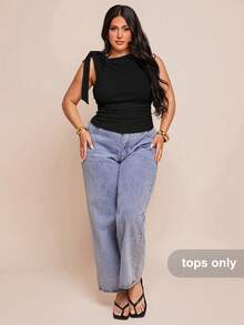 SHEIN BAE Plus Size Women Solid Texture Asymmetric Neck Knot Shoulder Tops For Spring Summer,Country Concert - Black - View 4