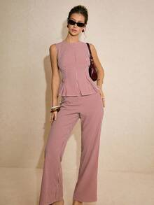 Poéselle Red Gingham Plaid Two Piece Set, Sleeveless Peplum Top And High Waist Flared Pants, Elegant Matching Suit Spring Summer Outfit For Women,Women's Summer Fashion Plaid Camisole & Pants 2 Pieces Set,French-Style 2 Pieces Set,2026 New Arrival - Multicolor - View 2