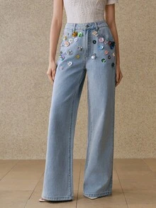Anewsta 女士时尚魅力性感水钻彩色花卉浪漫派对度假蓝色直筒牛仔裤 - 藍色 - 查看 5
