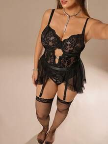 Auralis Plus Size Lace Underwire 4pcs Lingerie Set - Black - View 3