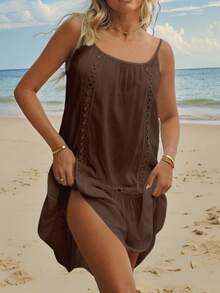 Swim Vcay Women's Springbreak Floral Patchwork Ruffle Trim Spaghetti Strap Beach Dress & Cover Up - Coffee Brown - View 3