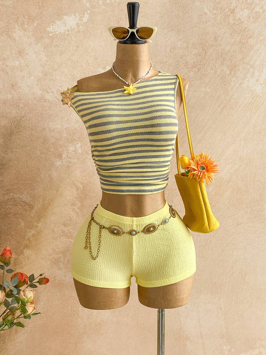 Soleia 新款休闲度假西部海滩婚礼宾客礼服，适合毕业早午餐、圣帕特里克节、春假、复活节、音乐节等场合，优雅波西米亚热带风情毛绒棕色针织不对称肩部花卉镂空露背两件套女装 - 彩色 - 查看 1